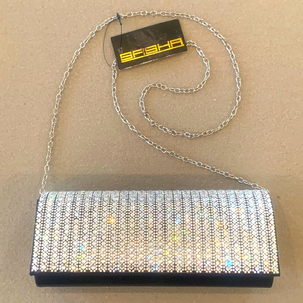 New SASHA Black Satin Clutch Shoulder Evening Bag Purse Embellished Rhinestone